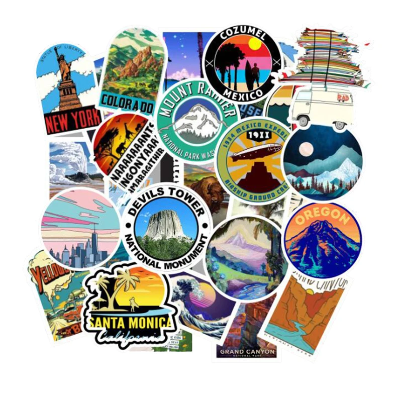 

100Pcs Famous Tourist Spot Computer Stickers Outdoors Trip Hike PVC Waterproof Decals For MacBook/Samsung Laptop Sticker