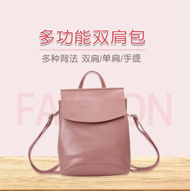 

Genuine Leather Both Shoulders Package Woman Wax Oil Cortex all match Travel Backpack Leisure Time Tide Hand Take Package A Bag