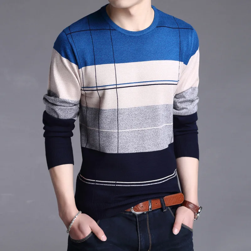 

Thoshine Brand Spring Autumn Style Men Knitted Thin Sweater Striped Pattern Cashmere Pullovers Casual Knitwear Jumpers Long Tops