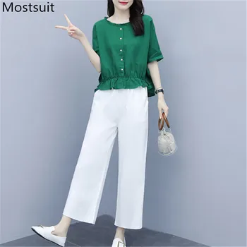 

Plus Size 2020 Summer Cotton Linen Two Piece Sets Women Batwing Sleeve Loose Tops + Wide Leg Pants Suits Casual Vintage Sets