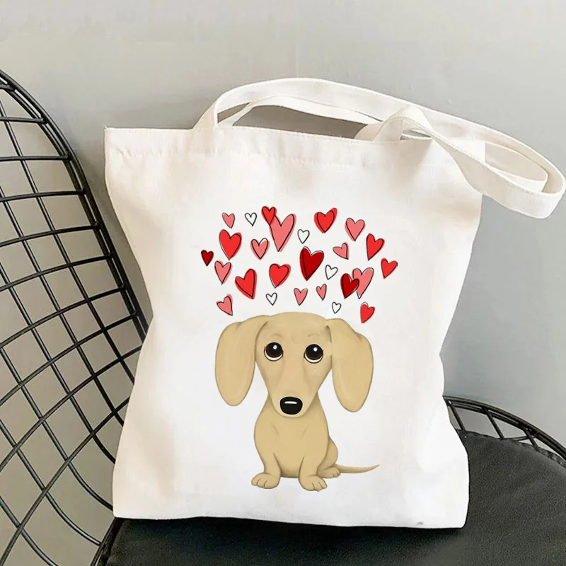 

Shopper White Dachshund with Hearts in love Tote Bag women Harajuku shopper handbag girl Shoulder shopping bag Lady Canvas Bag