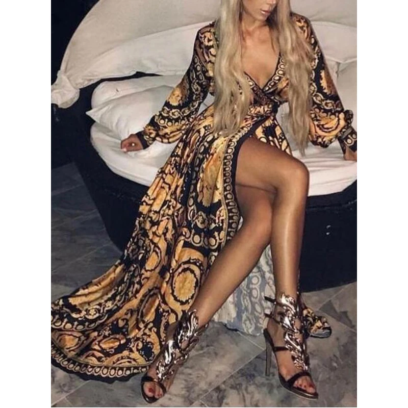 Women Retro Dresses Bohemian Floral Print Gold Color Deep V Neck Womens Maxi Dress Sexy Paisley Female Party Dress Robe Clubwear