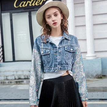 

2019 Fashion Design Punk Style Women Spring Jacket Coat Sequins Sleeve Women Denim Long Jacket Coat Crop Tops Abrigos Mujer