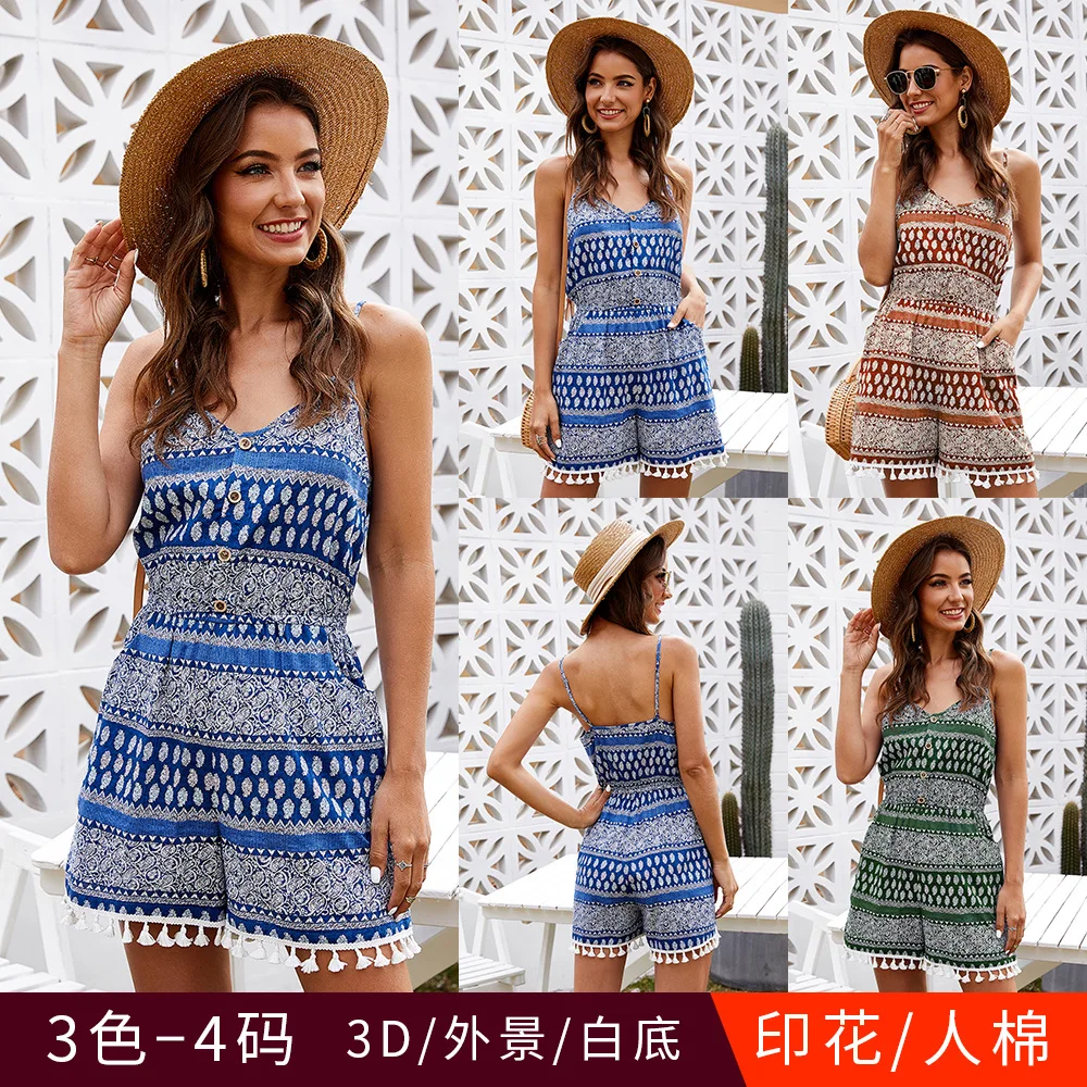 

Summer Sexy Sling Print Slim-fit Tassel Jumpsuit Women Casual Loose Polyester V-neck Girly Style High Waist Plus Size Jumpsuit