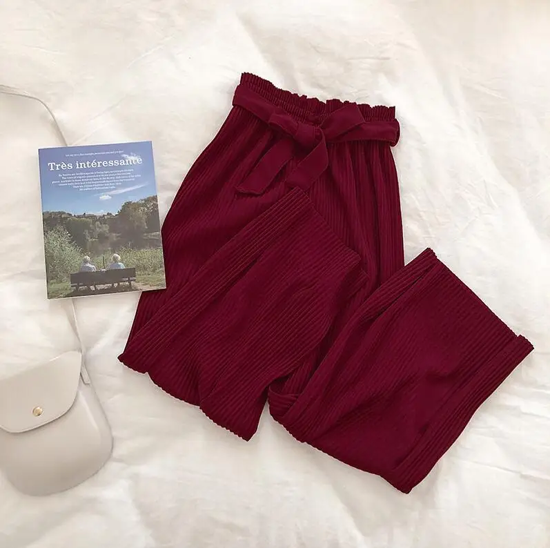 wine red Корейские осенние Широкие штаны для женщин, повседневные штаны с высокой талией и бантом на поясе, новинка, плиссированные штаны, брюки для женщин - Цвет: wine red
