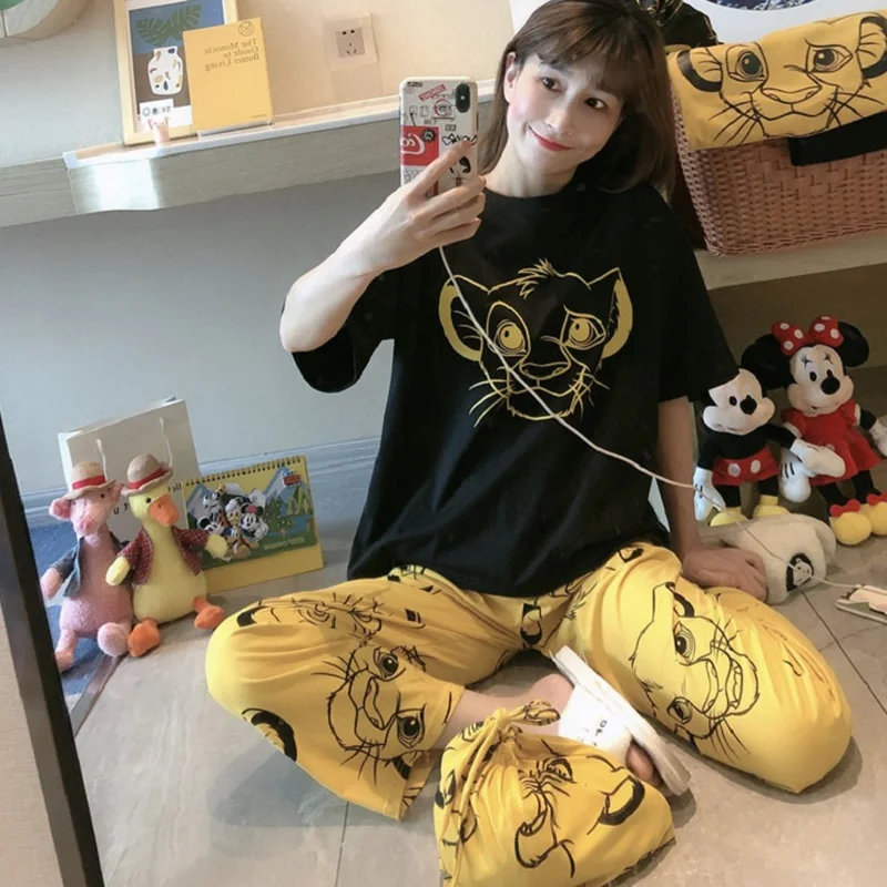 Mickey Minnie Pajamas Women's Summer Casual Short-Sleeved Cute Cartoon Pattern Trousers Thin Loose Home Clothes Outer Wear Suit 2