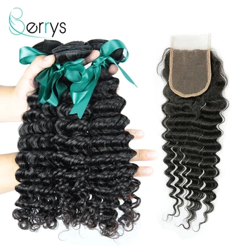 

Berryshair Brazilian Human Hair 3 Deep Wave Bundles & Closure 4x4/5x5/6x6 Lace Free Part Virgin Hair Extensions Natural Color