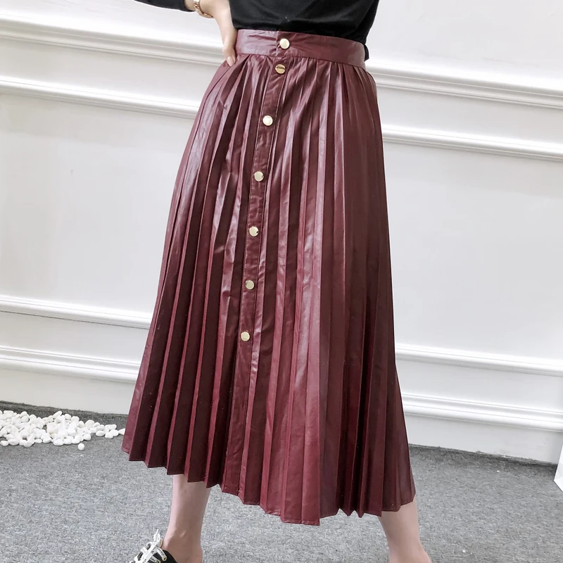 AGong Pleated Wine Red Skirts Women Fashion Buttons PU Leather Skirt Women Elegant Mid Calf Skirts Female Ladies JL - Цвет: WFSK2264
