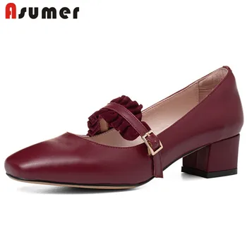 

ASUMER 2020 new arrival genuine leather single shoes women pumps buckle square heel spring summer Mary Jane Shoes ladies