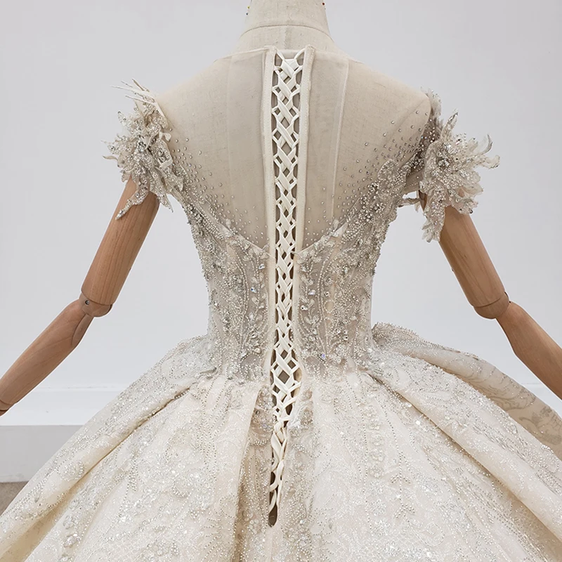HTL1924 elegant and luxurious sequined crystal wedding dress o-neck short cap sleeve lace church trailing skirt Vestido De Boda 6