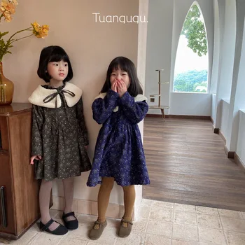 

2020 Winter Children Brushed and Thick Floral Dress Girls Long Sleeve with Velvet Casual Fashion Shawl Fur Collar Two-Pieces Set