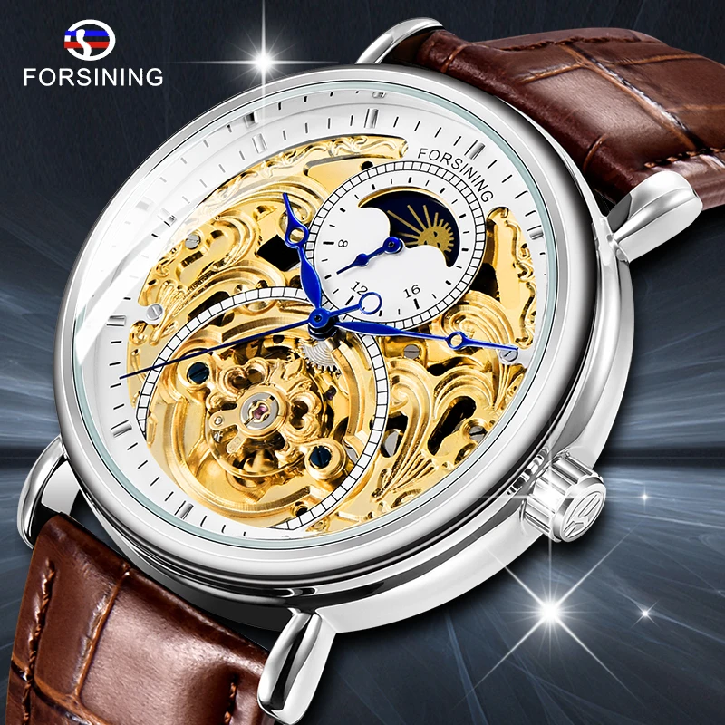 

Forsining Luxury White Golden Skeleton Brown Genuine Leather Moonphase Fashion Blue Hands Waterproof Men's Mechanical Watch