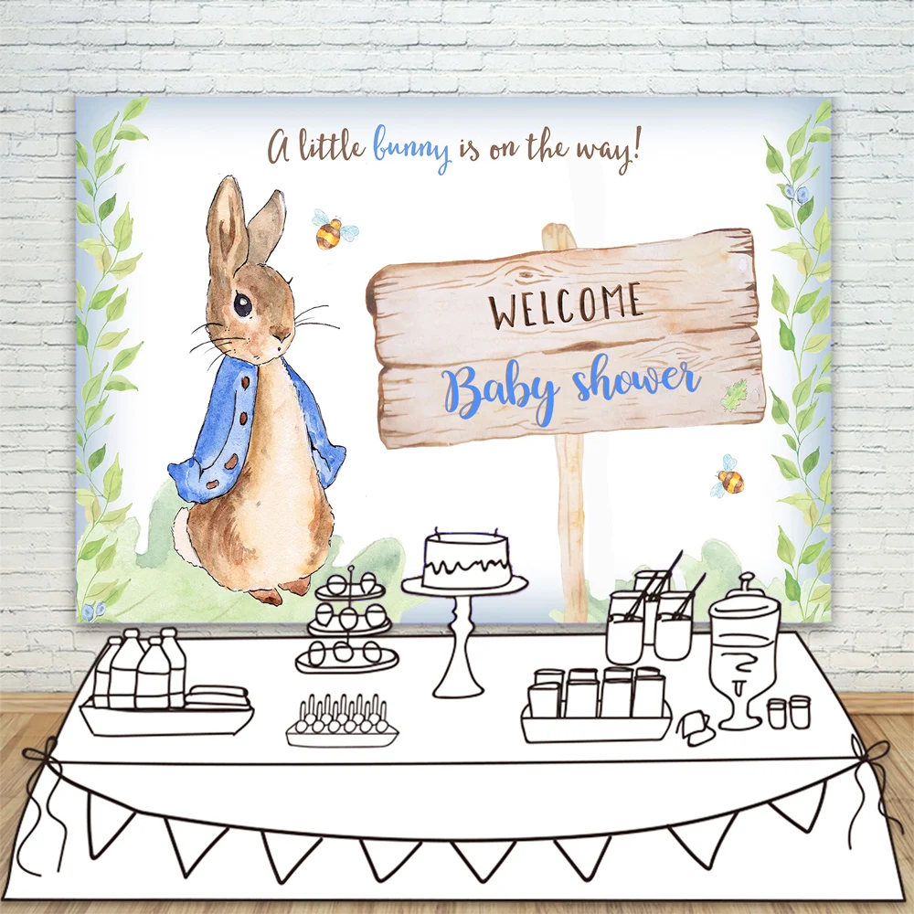 

Welcome Baby Shower Photography Background Little Bunny Is on The Way Magic Forest Green Leaves Yellow Bees Backdrop
