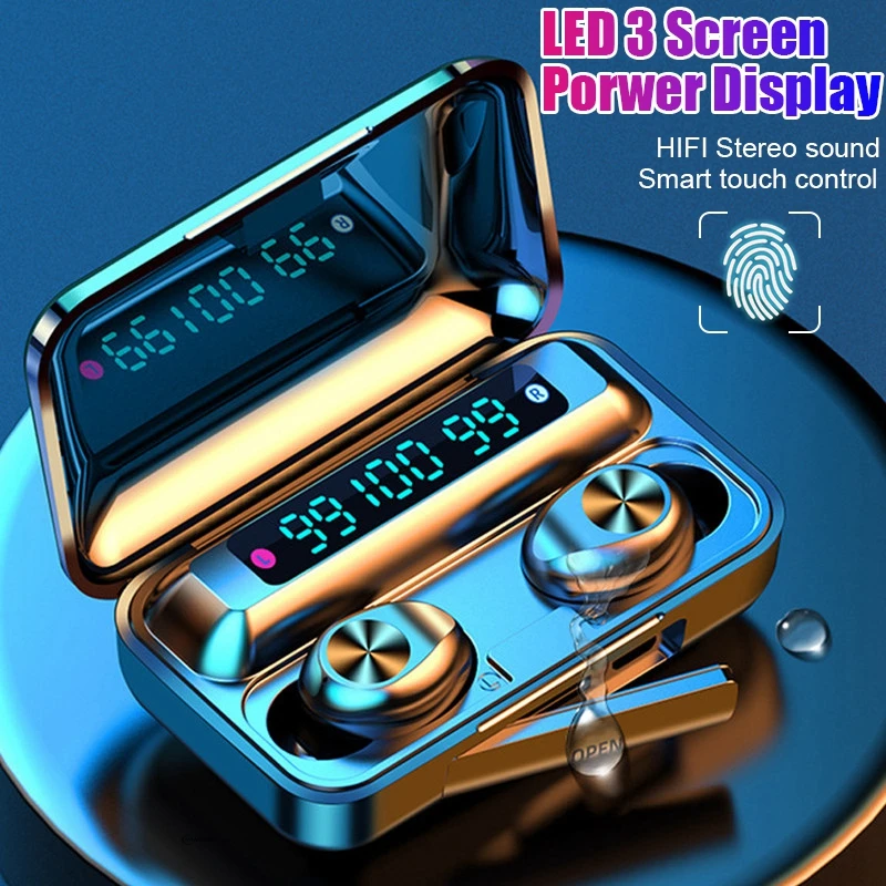 New F9 9 Touch Bluetooth Headset TWS 3 screen LED Digital Bluetooth Earphone Waterproof Noise Reduction For Xiaomi Huawei Iphone