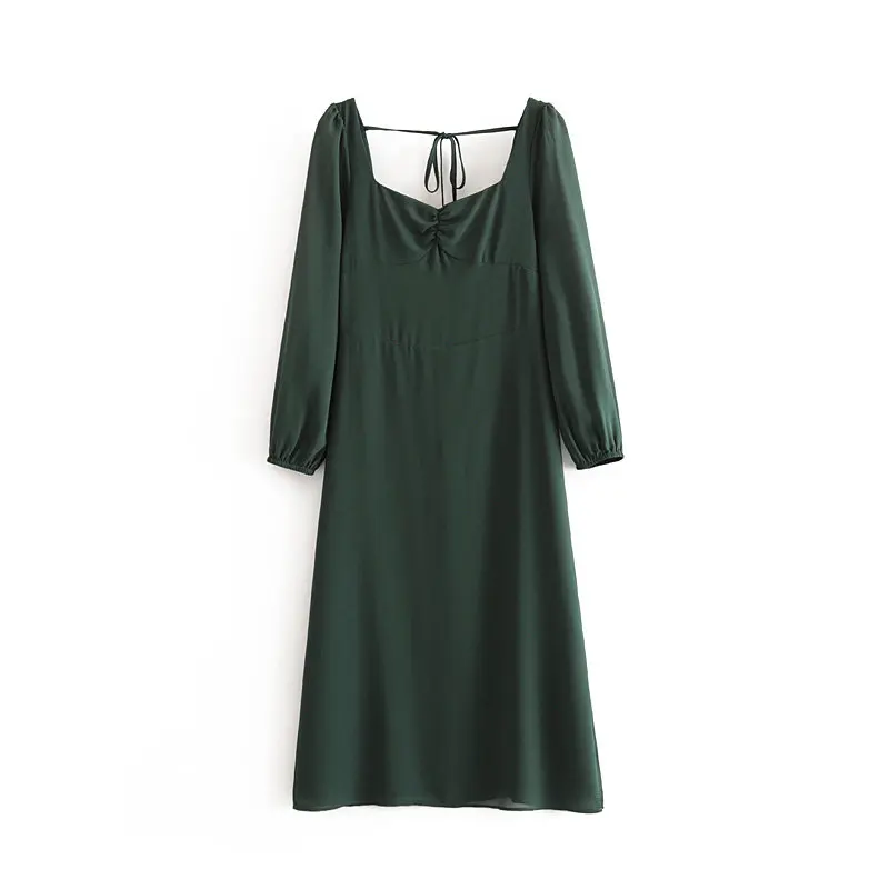 Bazaleas, винтажное зеленое женское платье миди, женское платье с рюшами, модное облегающее платье с длинным рукавом, праздничное платье - Цвет: 6877 green O80
