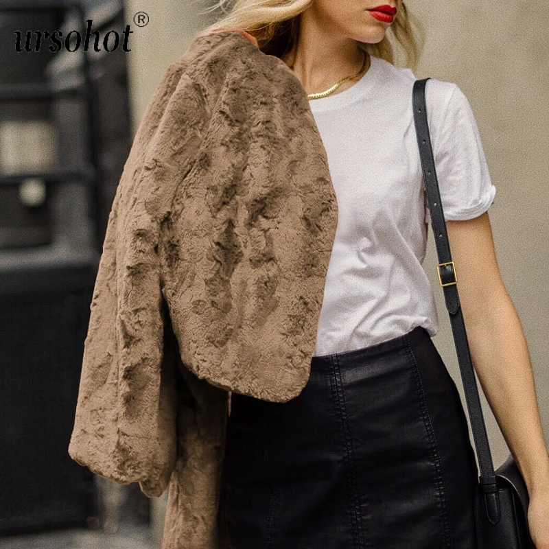 

Ursohot 2019 Warm Winter Women Coat Faux Rabit Fur Short Coats Turn-down Neck Long Sleeve Fashion Red CoffeeAutumn Jacket