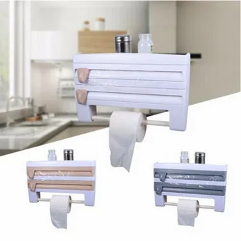 

4 in 1 Home Kitchen Tissue Roll Paper Towel Foil Film Wrap Wall Holder Dispenser Storage Rack Cling Film Cutter Home Storage Hot