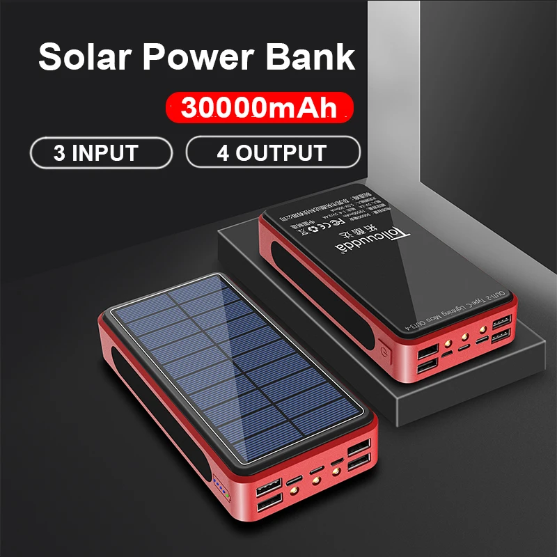 30000 мАч Солнечный внешний аккумулятор 4 USB внешний аккумулятор Портативная зарядка светодиодный светильник 3 входа внешний аккумулятор для мобильного телефона