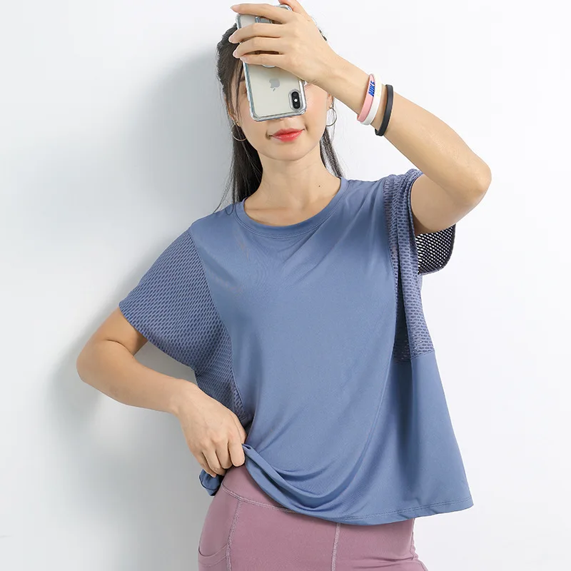 Сетчатые женские футболки для йоги быстросохнущие тонкие с круглым воротником с коротким рукавом спортивные фитнес свободные рубашки женские топы Спортивная одежда для бега
