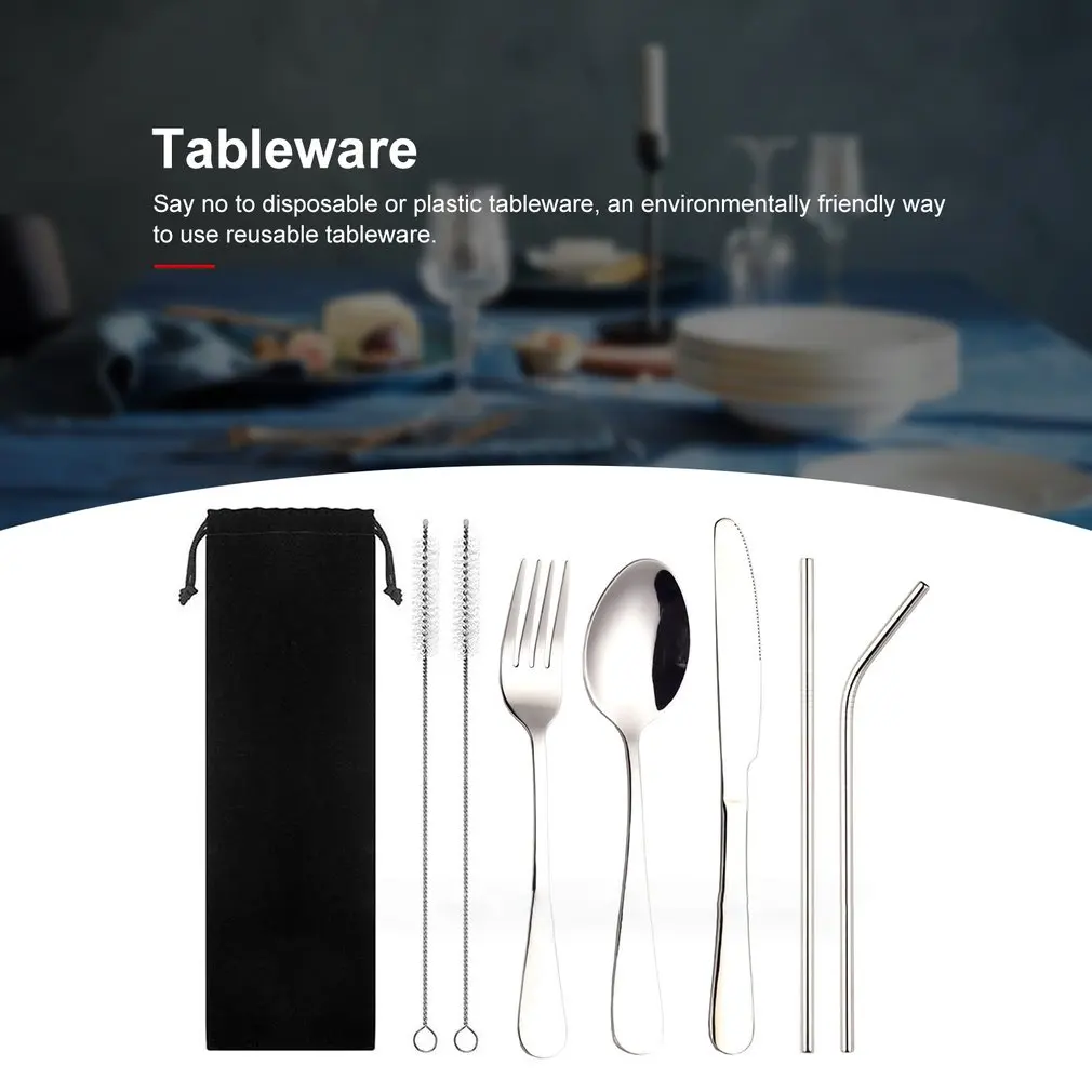 6pcs Stainless Steel Dinnerware Set Spoon Fork Chopsticks Straw With Cloth Pack For Travel Outdoor Office Picnic BBQ