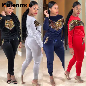 

2 Piece Set Long Pant Fall Sweatshirt Trousers Sports Outfits Jogging Suit Ropa De Mujer Plus Size Sexy Sequin Tracksuit Women