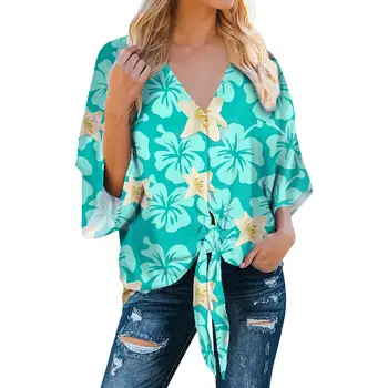 

Ladies Fashion Blouse Tops Tie flower Bohemian Pattern Women Summer Sexy V Neck Batwing Sleeved Clothes Loose Blusas Mujer