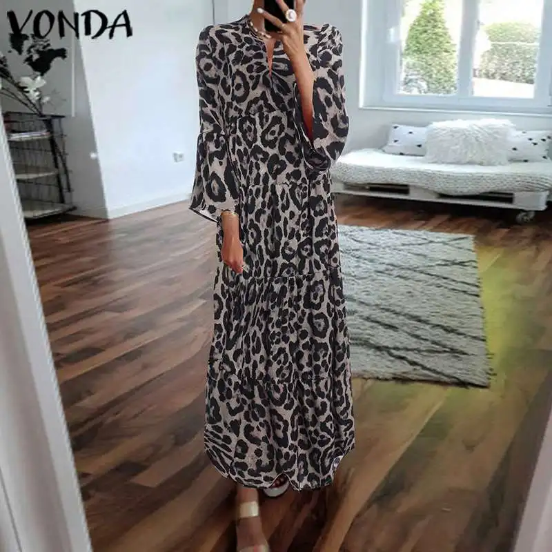 Платье с оборками VONDA, женское осеннее платье макси, сексуальное платье с рукавом 3/4, Леопардовый принт, Beohemian, сарафан, повседневное, свободное, Vestidos S-5XL