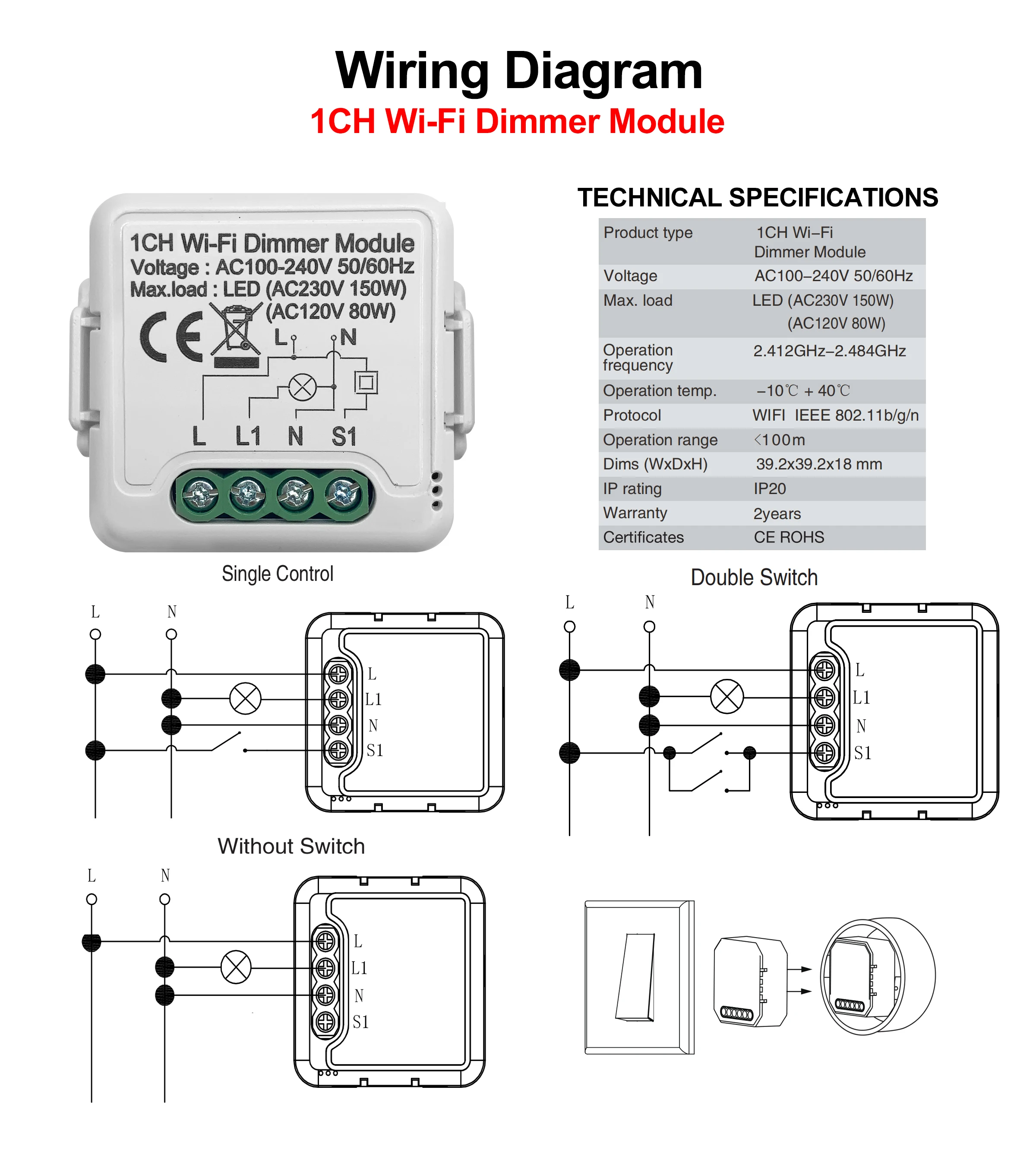 GIRIER Tuya Wifi Smart Dimmer Switch Module 10A Support 2 Way Control 1 2 Gang Compatible with Alexa Google Home Smart Life App