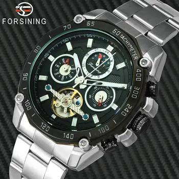 

Forsining Men's Fashion Automatic Watches Top Brand Luxury Sun Moon Phase Date Week Steel Strap Multifunction Military Watch