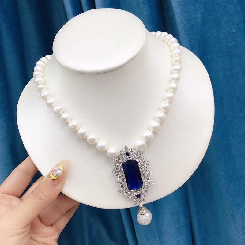 

HABITOO Luxury Natural 10-11mm White Round Baroque Freshwater Pearl Choker Necklace Blue Cubic Zircon Pendant Jewelry for Women