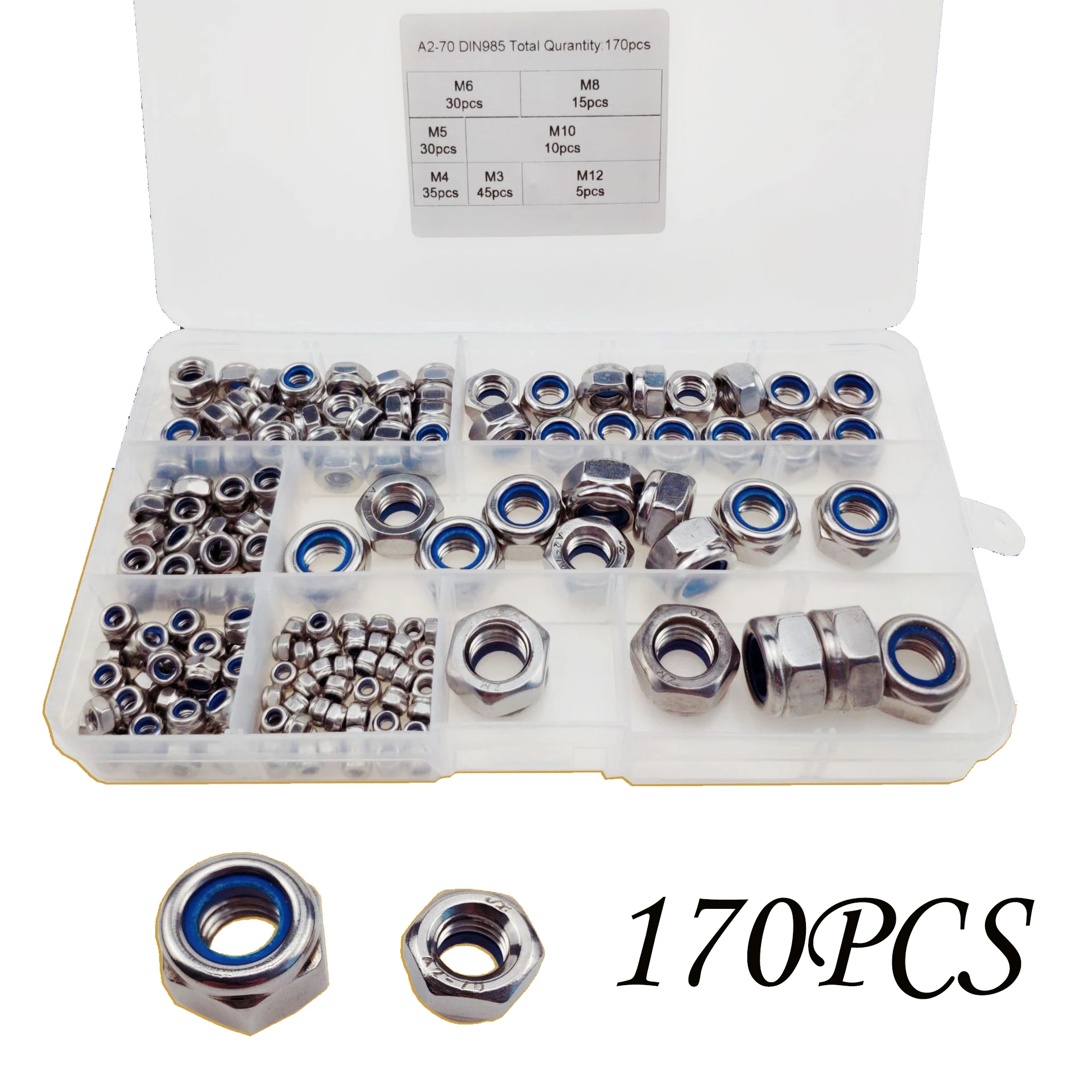 

170PCS/Box Stainless Steel Nylon Lock Nut M3 M4 M5 M6 M8 M10 M12 Metric Assortment Kit Insert Locking Nuts