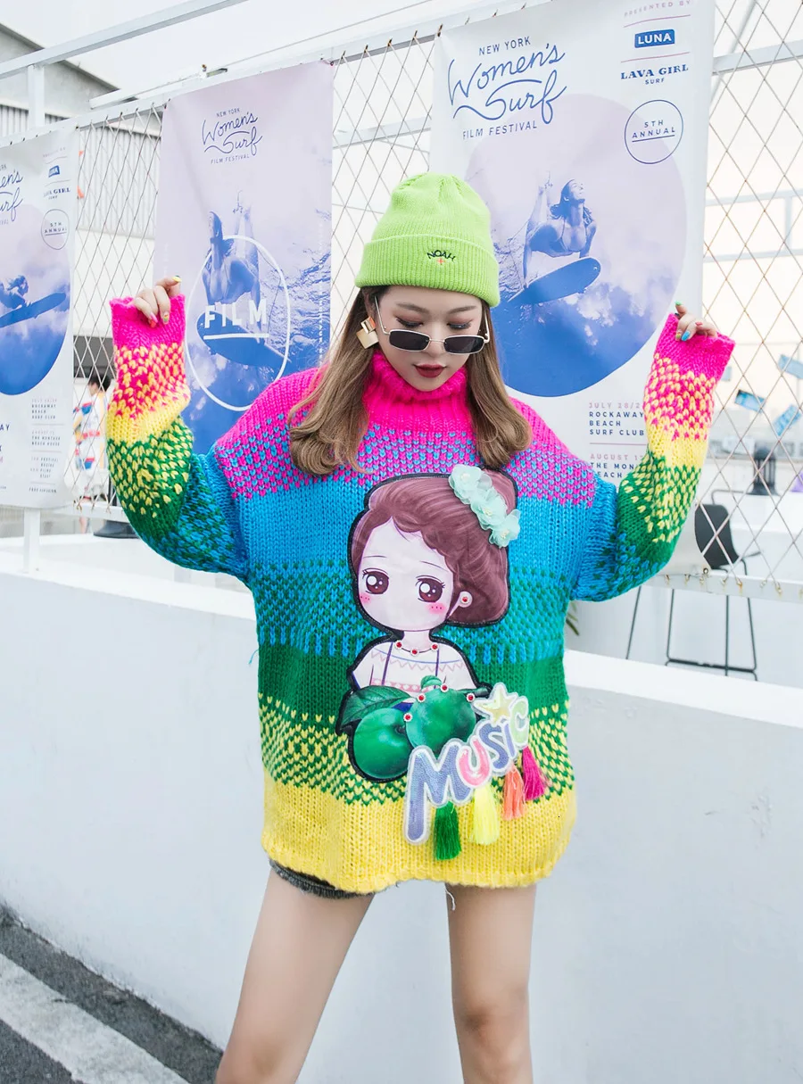 Vefadisa/осенний пуловер с высоким воротником и рисунком; свитер в полоску с длинными рукавами; свитер с кисточками; Повседневный свитер для женщин; ; QYF508