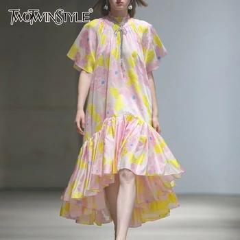 

TWOTWINSTYLE Elegant Print Women Dress Stand Collar Butterfly Short Sleeve High Waist Irregular Hem Hit Color Dresses For Female