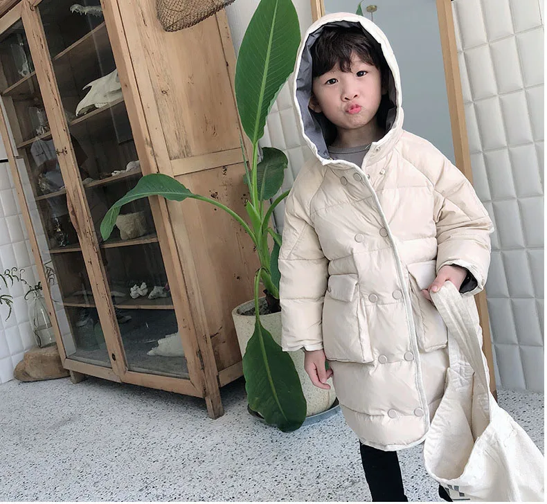 New Vintage White Duck Down Jacket For Girls 3-9 Years Fashion Beige Solid Outerwear Kids High Street Winter Long Coat Boys