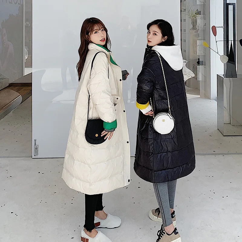 

Winter WOMEN'S Dress Fashion Loose-Fit Cotton-padded Clothes X-long Hooded Solid Color Warm Cotton Coat Bright Surface Large Cot