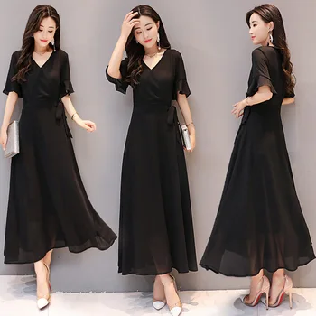 

Chiffon Dress Woman 2019 V Neck Temperament Thin Solid Color Overknee Longuette