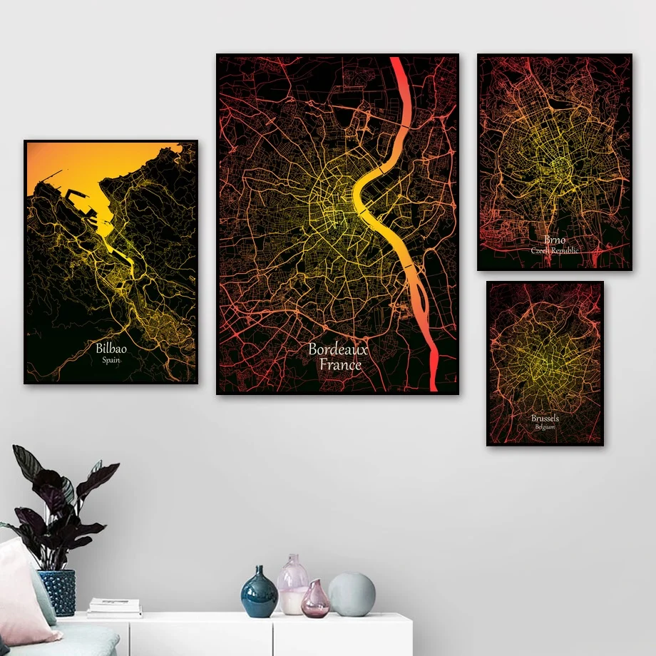 Spain Bilbao Brussels Belgium Bucharest Romania Brno Yellow Map Poster Canvas Art Print Wall Pictures for Living Room No Frame | Дом и сад