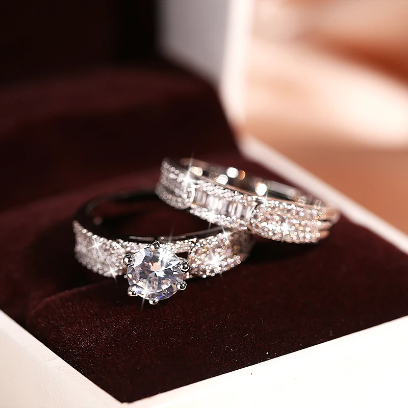 Silver Rings Fashion Women's Two-piece Ring Shiny Zircon Geometric Ring Double Layer 925 Silver Party Jewelry Wedding Accessorie
