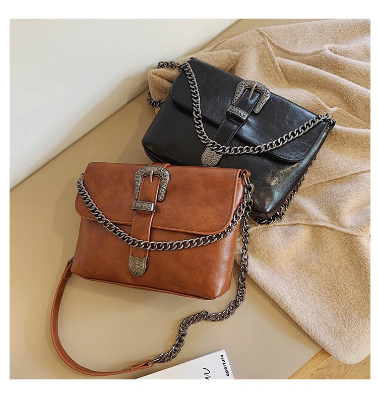 Vintage Messenger Bags Women Leather Chain Cross Body Brand Bag for Female Shoulder Messenger Bags with Strap Buckle Brown Black (1)