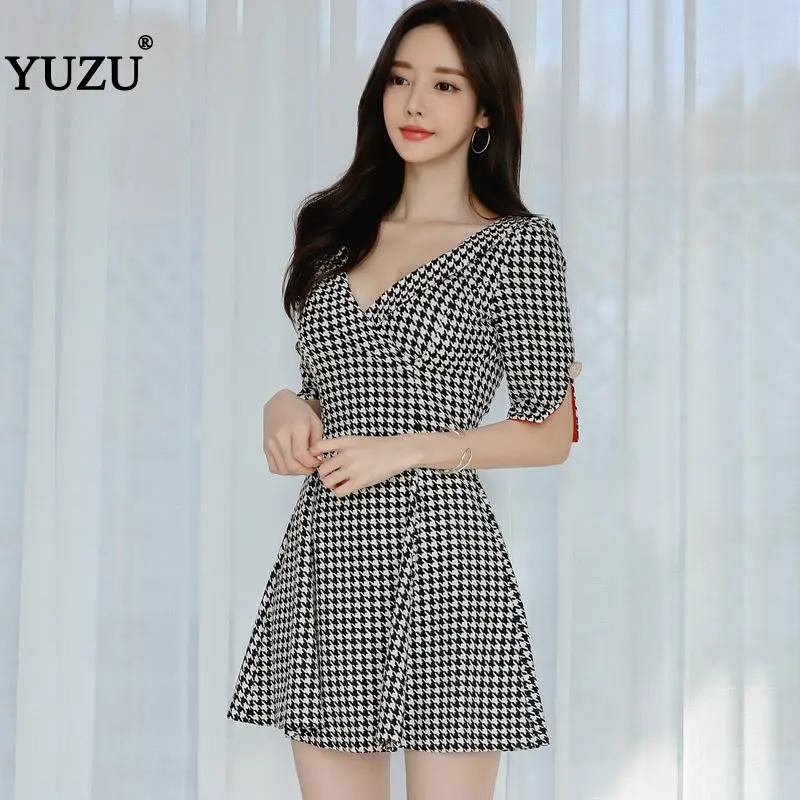 

Black Houndstooth Office Mini Dress Summer 2020 Women A-line Plaid Short Sleeve Button Party Dinner Work Sexy Dresses