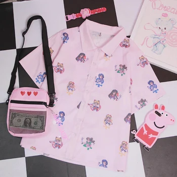 

Harajuku Shirt Female Cartoon Sailor Moon Print Shirt Summer Chiffon Shirt Loose Lapel Short Sleeve Blouse Cute Pink Shirt