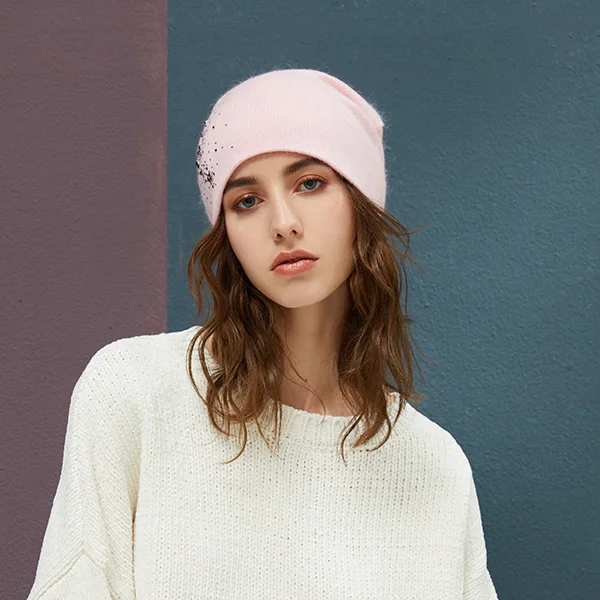 Зимние вязаные шапочки из кроличьей шерсти, стразы, одноцветные, улучшенные женские шапочки, модные мягкие теплые женские осенние шапочки - Цвет: Light Pink