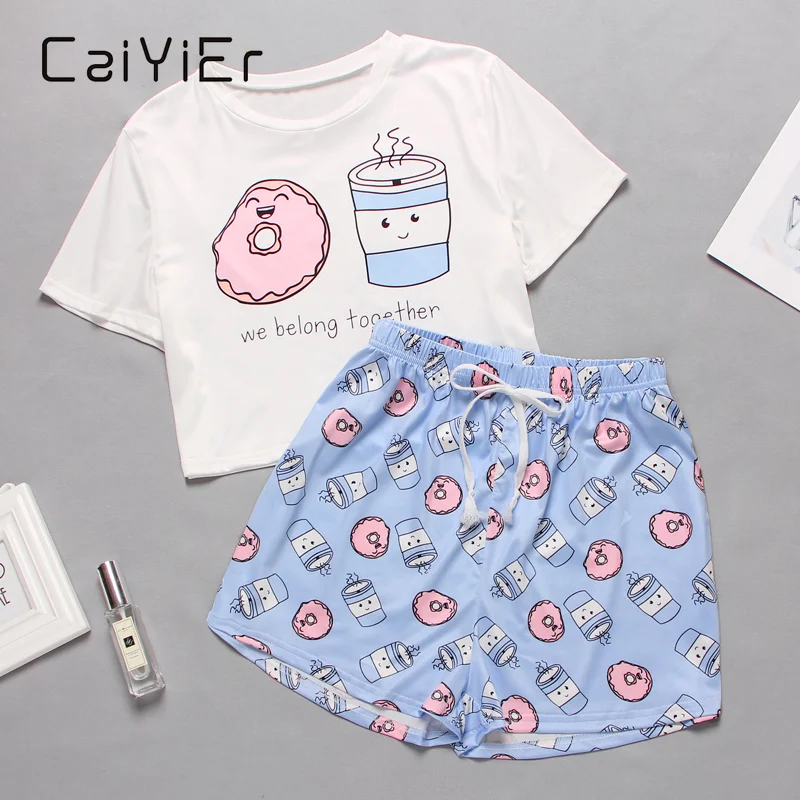 

CAIYIER Girl Pajamas Set Cute Cartoon Short Sleeve Shirts+Sexy Shorts Summer Sleepwear Sweet Girl Avocado O-Neck Collar Homewear