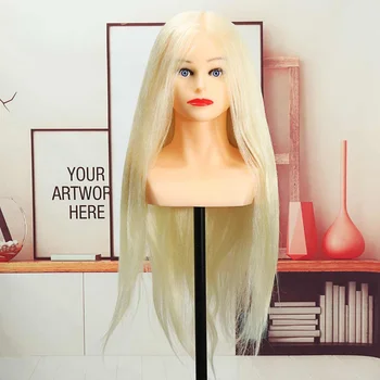 

26 inch 90% Brown/Gold Real Natural Hair Training Mannequin Head With Stand Holder For Hairstyles Professional Practice Wig Head