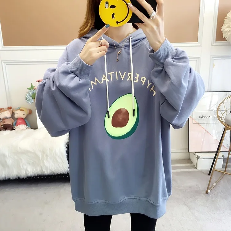  Harajuku Oversized Pullover Hoodies Loose Sweatshirt Kawaii Cartoon Avocado Printed Puff Sleeves Wo