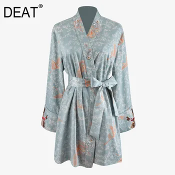 

DEAT 2020 new summer embroidery flare lseeves high waist printed sleep jacket female top waist belt sashes