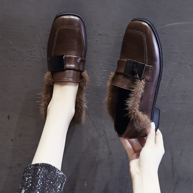 

Loafers Female Shoes Square heel Med Plush Slippers For Adults Soft 2019 Block Fur Basic Rubber Rome with fur Microfiber Hoof