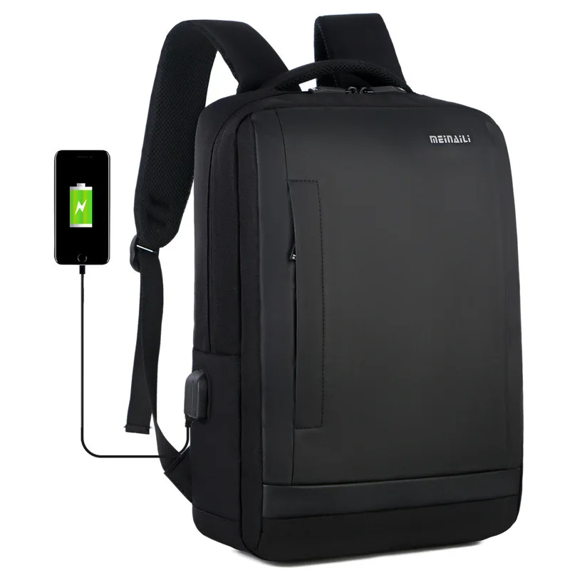 

Men Solid Color Computer Bag Waterproof USB Rechargeable Printed Logo Business Backpack
