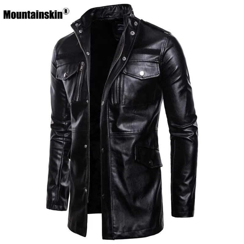 

Mountainskin New Men's Motorcycle PU Coat Spring Mens Leather Jacket Fashion Long Outerwear Male Brand Clothing SA879