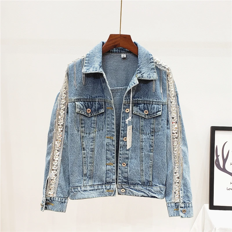

2019 spring and autumn new casual loose thin short coat heavy work rhinestone fringed denim jacket